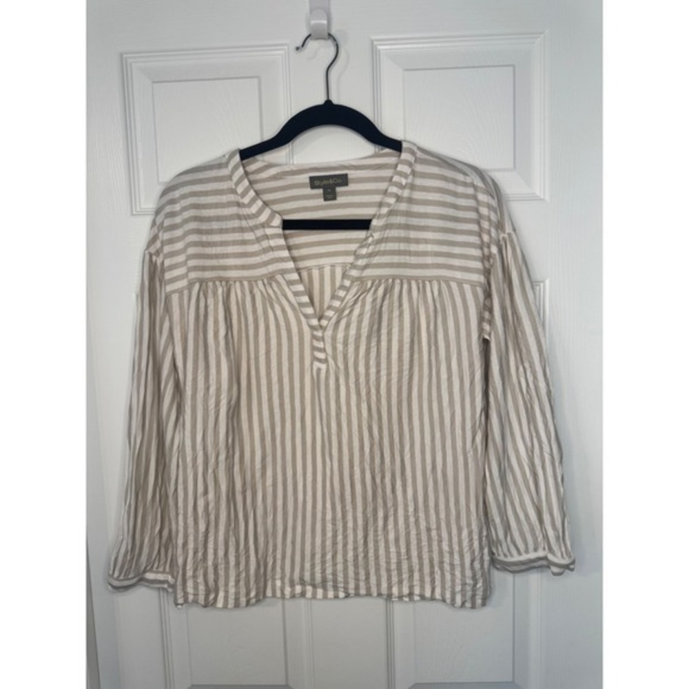Style & Co Tan White Striped Long Sleeve V-Neck Top Petite Small PS
